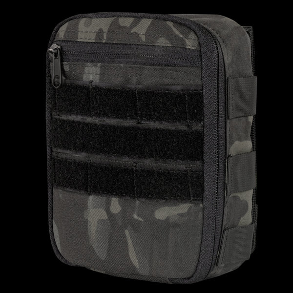 The Condor Sidekick Pouch in MultiCam Black features zipper closure, MOLLE webbing, and front Velcro strips for tactical use.