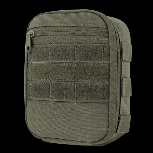 The Condor Sidekick Pouch is made of durable fabric in olive green, featuring a zipper closure, horizontal straps, and front loop panels for attachment.