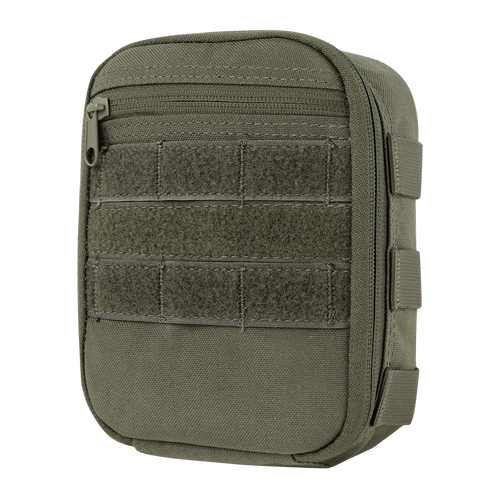 The Condor Sidekick Pouch is made of durable fabric in olive green, featuring a zipper closure, horizontal straps, and front loop panels for attachment.