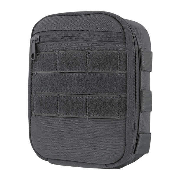 The Condor Sidekick Pouch | SALE is a compact, rectangular gray tactical pouch featuring a front zipper pocket, Velcro strips, and side MOLLE webbing—perfect for law enforcement or first responders.