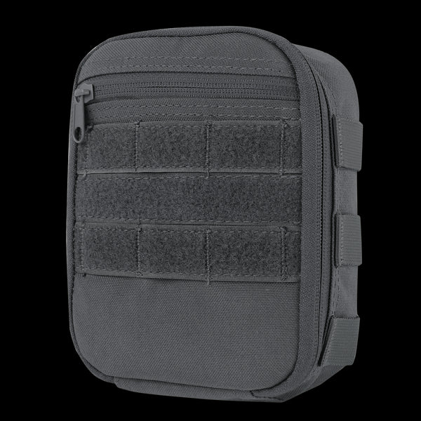 The Condor Sidekick Pouch | SALE is a compact, rectangular gray tactical pouch featuring a front zipper pocket, Velcro strips, and side MOLLE webbing—perfect for law enforcement or first responders.