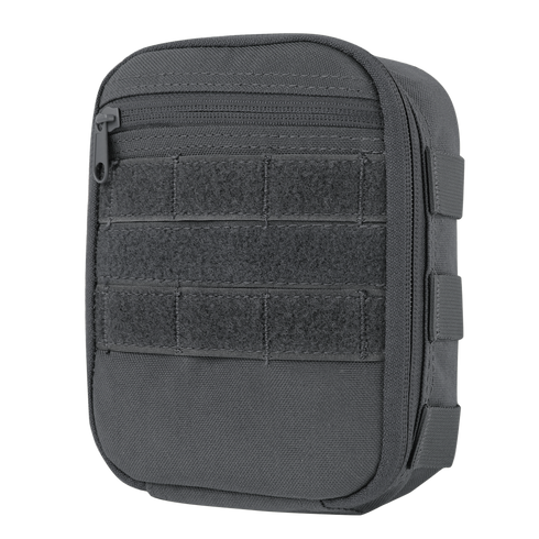 The Condor Sidekick Pouch is a compact gray tactical pouch featuring a zippered top, Velcro front panels, and side attachment loops.