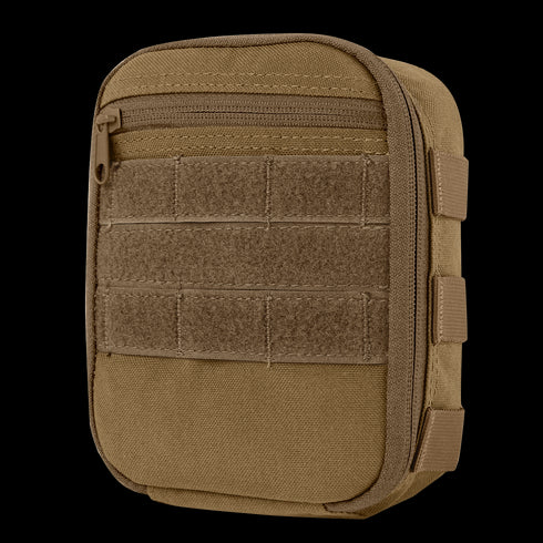 The Condor Sidekick Pouch is a small, rectangular tan pouch featuring a front zipper pocket, Velcro panel, and MOLLE webbing on the front and side.