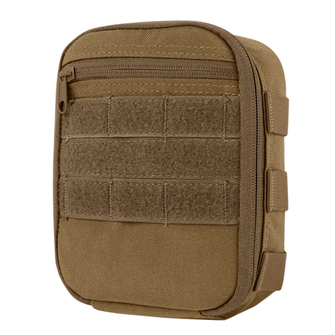 The Condor Sidekick Pouch is a small, rectangular tan pouch featuring a front zipper pocket, Velcro panel, and MOLLE webbing on the front and side.