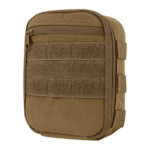 The Condor Sidekick Pouch is a small, rectangular tan pouch featuring a front zipper pocket, Velcro panel, and MOLLE webbing on the front and side.