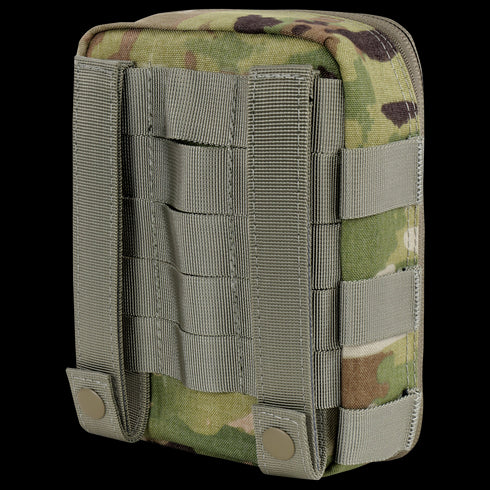 The Condor Sidekick Pouch - Scorpion OCP is a camouflage tactical pouch featuring MOLLE webbing and two vertical straps with snap-button closures on the back.