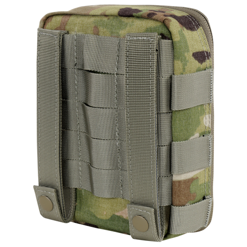 The Condor Sidekick Pouch - Scorpion OCP is a camouflage tactical pouch featuring MOLLE webbing and two vertical straps with snap-button closures on the back.