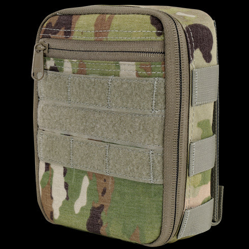 The Condor Sidekick Pouch in Scorpion OCP is a compact, zippered pouch featuring a camouflage pattern and several horizontal Velcro strips on the front.