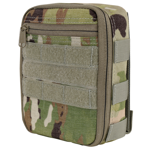 The Condor Sidekick Pouch in Scorpion OCP is a compact, zippered pouch featuring a camouflage pattern and several horizontal Velcro strips on the front.