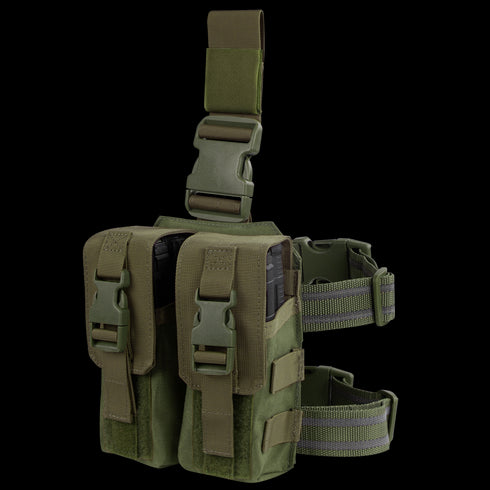 The Condor Drop Leg M4 Mag Pouch in Olive Drab features two compartments, adjustable straps, and plastic buckles, designed for carrying equipment or magazines.