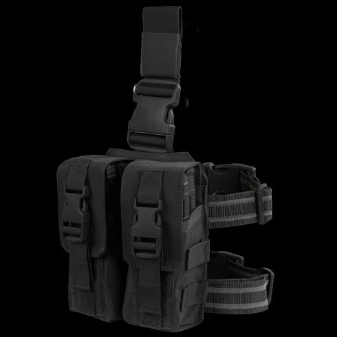 The Condor Drop Leg M4 Mag Pouch is a black tactical pouch with adjustable straps, dual compartments, and quick-release buckles—perfect for bushcraft adventures or first responder gear at the shooting range.