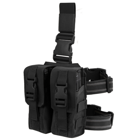 The Condor Drop Leg M4 Mag Pouch is a black tactical pouch with adjustable straps, dual compartments, and quick-release buckles—perfect for bushcraft adventures or first responder gear at the shooting range.