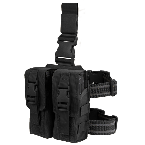 The Condor Drop Leg M4 Mag Pouch is a black tactical pouch with adjustable straps, dual compartments, and quick-release buckles—perfect for bushcraft adventures or first responder gear at the shooting range.