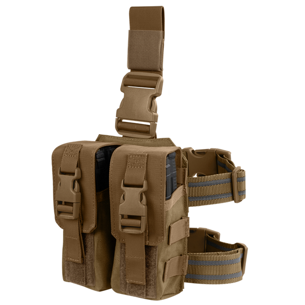 The Condor Drop Leg M4 Mag Pouch in coyote brown features two compartments, buckles, and adjustable straps—perfect for carrying gear or magazines.