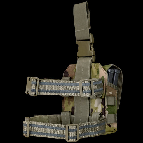 The Condor Drop Leg M4 Mag Pouch in Scorpion OCP features a camouflage design, adjustable straps, and a plastic buckle. It securely holds an M4 magazine and attaches to your leg for easy access during tactical use.