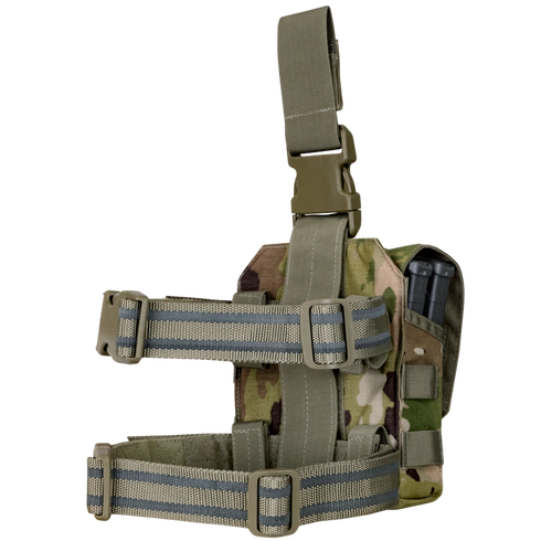 The Condor Drop Leg M4 Mag Pouch in Scorpion OCP features a camouflage design, adjustable straps, and a plastic buckle. It securely holds an M4 magazine and attaches to your leg for easy access during tactical use.