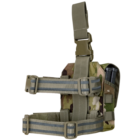The Condor Drop Leg M4 Mag Pouch in Scorpion OCP features a camouflage design, adjustable straps, and a plastic buckle. It securely holds an M4 magazine and attaches to your leg for easy access during tactical use.
