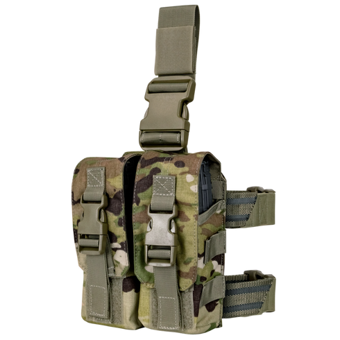 The Condor Drop Leg M4 Mag Pouch in Scorpion OCP features a camouflage pattern, two front pouches, adjustable straps, and quick-release buckles.