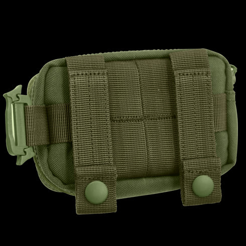 The Condor Digi Pouch is a compact olive green tactical pouch featuring dual snap-button straps and rear webbing for secure attachment.