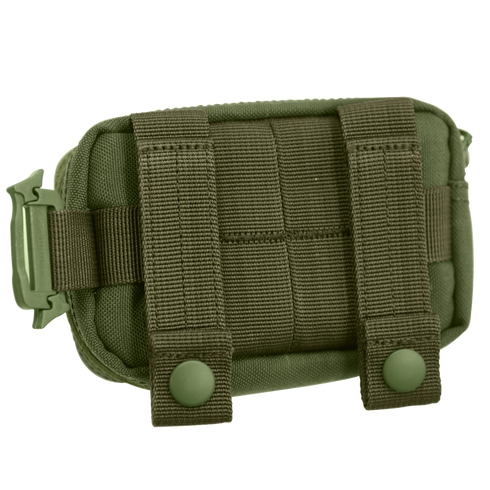 The Condor Digi Pouch is a compact olive green tactical pouch featuring dual snap-button straps and rear webbing for secure attachment.