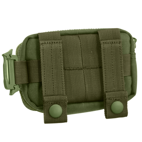 The Condor Digi Pouch is a compact olive green tactical pouch featuring dual snap-button straps and rear webbing for secure attachment.