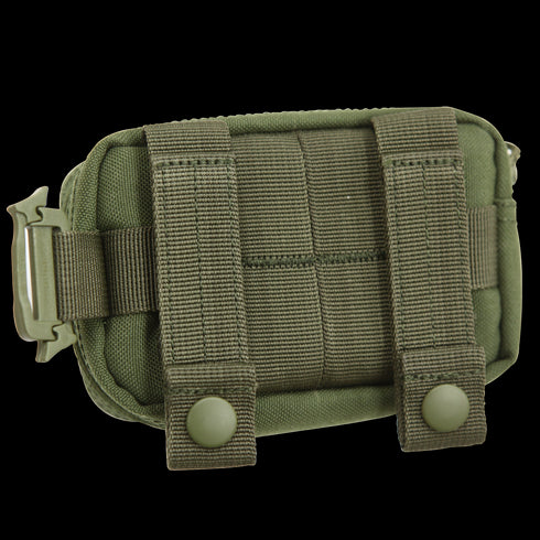 The Condor Digi Pouch - Scorpion OCP features two vertical straps with snap buttons for secure attachment to gear or belts, making it ideal for military or law enforcement professionals.