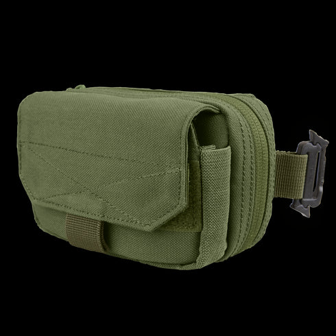 The Condor Digi Pouch in Olive Drab features a fold-over flap, buckle closure, and multiple compartments, shown against a white background.