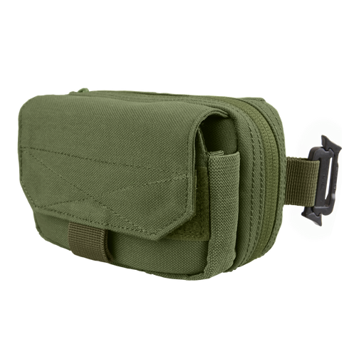 Olive drab Condor Digi Pouch | SALE, featuring a flap closure, zipper compartment, and adjustable strap with black buckle, set against a plain white background.