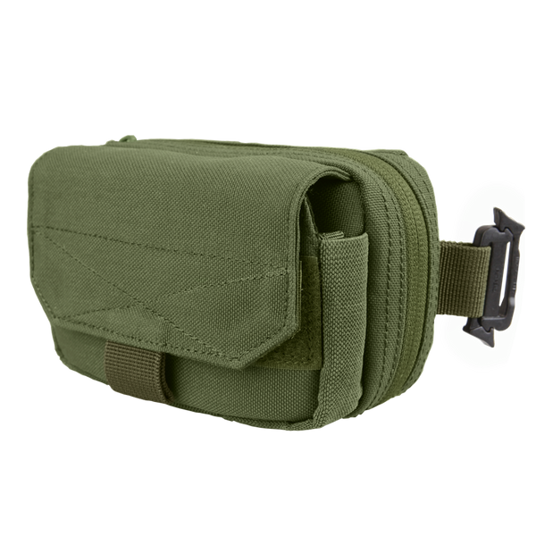 Olive drab Condor Digi Pouch | SALE, featuring a flap closure, zipper compartment, and adjustable strap with black buckle, set against a plain white background.