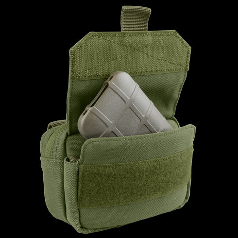 The Condor Digi Pouch in green is shown with its flap open, revealing a gray rectangular item stored inside.