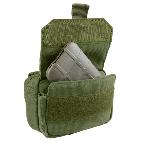 The Condor Digi Pouch in green is shown with its flap open, revealing a gray rectangular item stored inside.
