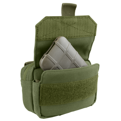 The Condor Digi Pouch in green is shown with its flap open, revealing a gray rectangular item stored inside.