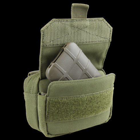 The Condor Digi Pouch - Scorpion OCP is a tactical pouch with an open flap, olive green in color and military-designed, holding one gray magazine inside the main pocket.
