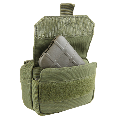 The Condor Digi Pouch - Scorpion OCP is a tactical pouch with an open flap, olive green in color and military-designed, holding one gray magazine inside the main pocket.