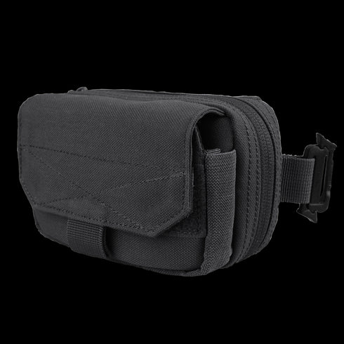 The Condor Digi Pouch is a compact black tactical case with a flap cover, zip compartment, side buckle, and Velcro strap—perfect for everyday carry and suitable for military or law enforcement use.