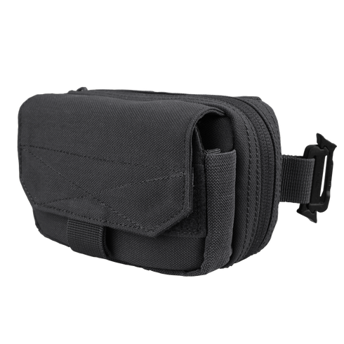 The Condor Digi Pouch is a compact black tactical case with a flap cover, zip compartment, side buckle, and Velcro strap—perfect for everyday carry and suitable for military or law enforcement use.