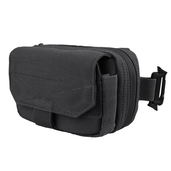 The Condor Digi Pouch is a compact black tactical case with a flap cover, zip compartment, side buckle, and Velcro strap—perfect for everyday carry and suitable for military or law enforcement use.