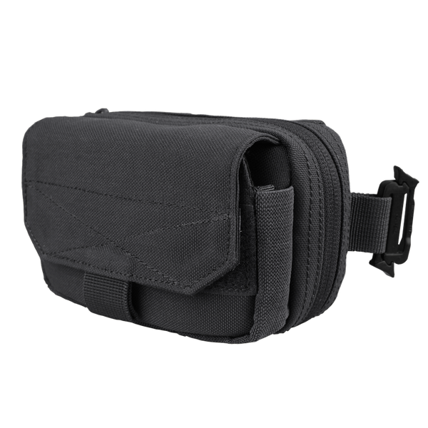 The Condor Digi Pouch is a compact black tactical case with a flap cover, zip compartment, side buckle, and Velcro strap—perfect for everyday carry and suitable for military or law enforcement use.