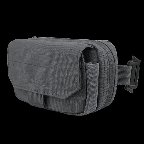 The Condor Digi Pouch | SALE is a small, gray, rectangular fabric pouch with a front flap and buckle, designed to attach to a belt or strap—ideal for EDC or the shooting range.