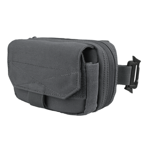 The Condor Digi Pouch | SALE is a small, gray, rectangular fabric pouch with a front flap and buckle, designed to attach to a belt or strap—ideal for EDC or the shooting range.