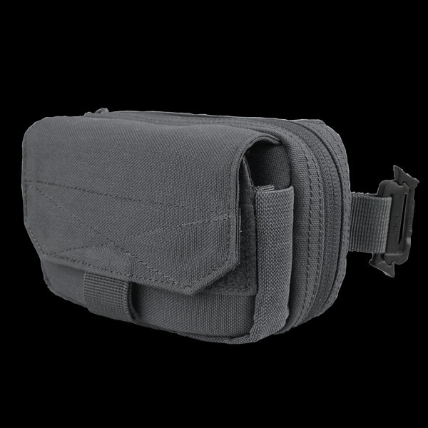 The Condor Digi Pouch | SALE is a small, gray, rectangular fabric pouch with a front flap and buckle, designed to attach to a belt or strapāideal for EDC or the shooting range.