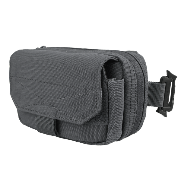 The Condor Digi Pouch | SALE is a small, gray, rectangular fabric pouch with a front flap and buckle, designed to attach to a belt or strapāideal for EDC or the shooting range.