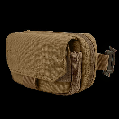 The Condor Digi Pouch is a compact brown tactical pouch with a flap closure, zipper compartment, and side strap with metal buckle—perfect for carrying shooting range essentials or everyday law enforcement gear.