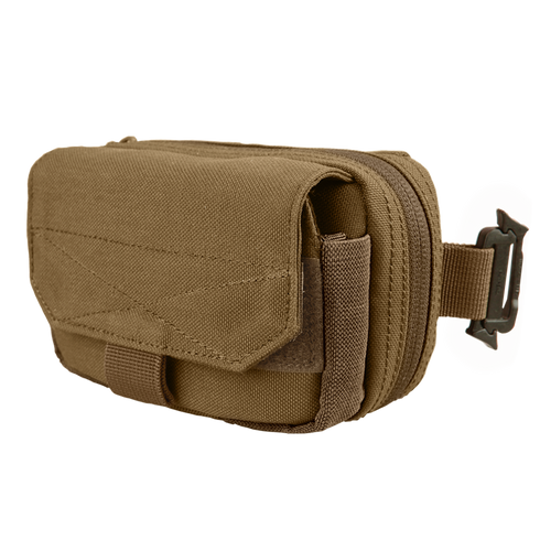 The Condor Digi Pouch is a compact brown tactical pouch with a flap closure, zipper compartment, and side strap with metal buckle—perfect for carrying shooting range essentials or everyday law enforcement gear.