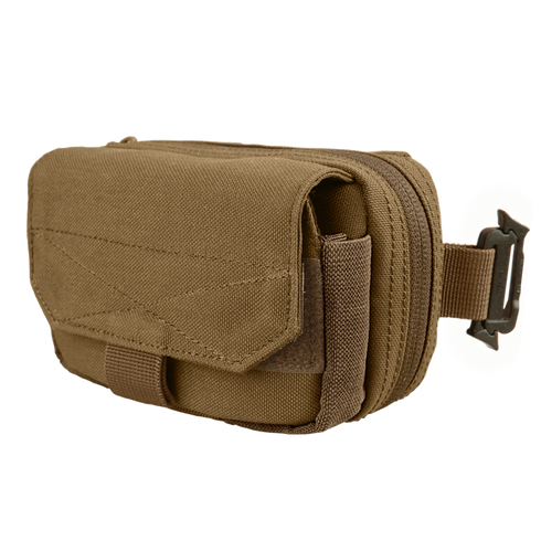 The Condor Digi Pouch is a compact brown tactical pouch with a flap closure, zipper compartment, and side strap with metal buckle—perfect for carrying shooting range essentials or everyday law enforcement gear.