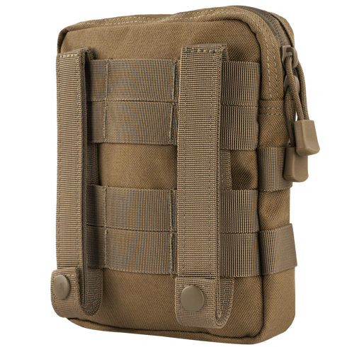 The Condor G.P. Pouch is a tan tactical pouch featuring MOLLE webbing and snap-button straps on the back, ideal for attaching to gear or backpacks.