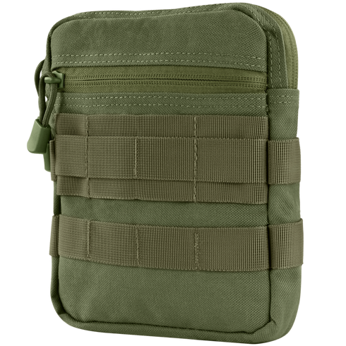 The Condor G.P. Pouch is an olive green, rectangular tactical pouch featuring a zippered closure and front MOLLE webbing, ideal for attaching to bags or belts.