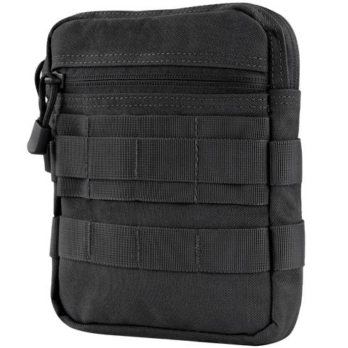 The Condor G.P. Pouch is a black tactical pouch made of durable fabric, featuring multiple exterior straps and a zippered pocket.