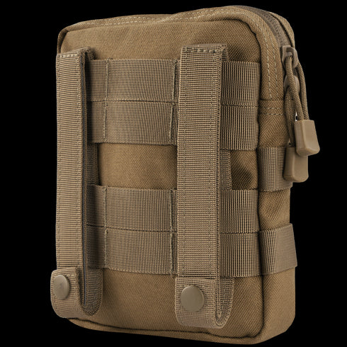 The Condor G.P. Pouch is a tan tactical pouch with MOLLE straps and snap buttons, ideal for EDC or law enforcement. It attaches to gear or backpacks and stands upright with a visible zipper closure.