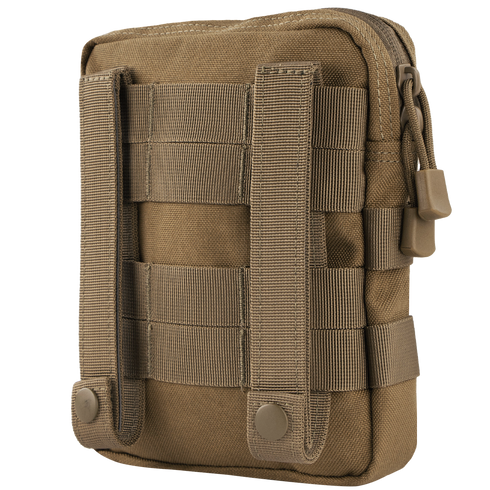The Condor G.P. Pouch is a tan tactical pouch with MOLLE straps and snap buttons, ideal for EDC or law enforcement. It attaches to gear or backpacks and stands upright with a visible zipper closure.